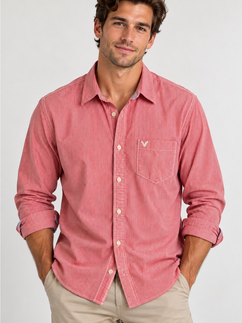 American Eagle Outfitters Vintage Fit Men's coral-white Stripe Button-Down Shirt